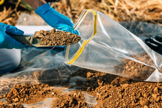 A scientist collects a soil sample to test for Listeria